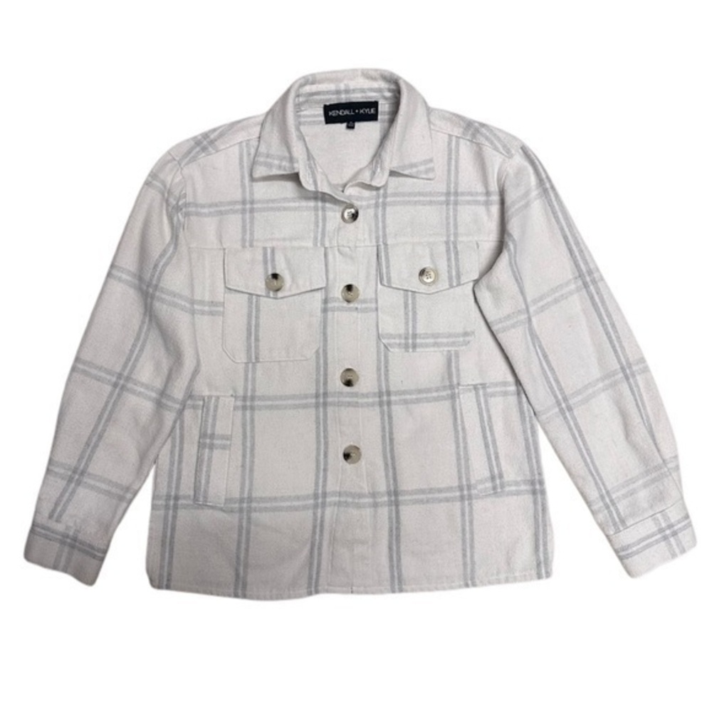 Kendall + Kylie Plaid Button Front Shacket White Grey Womens Size S